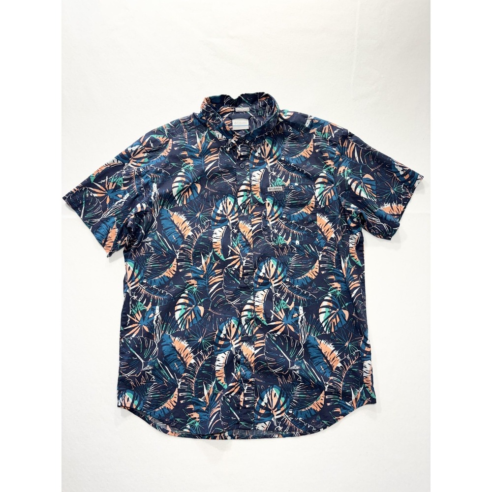 Columbia Shirt Mens Large Blue Tropical Leaf Short Sleeve Button Up Hawaiian